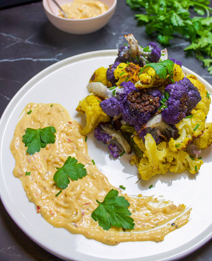 crispy cauliflower with Calabrian chili mayo and parsley