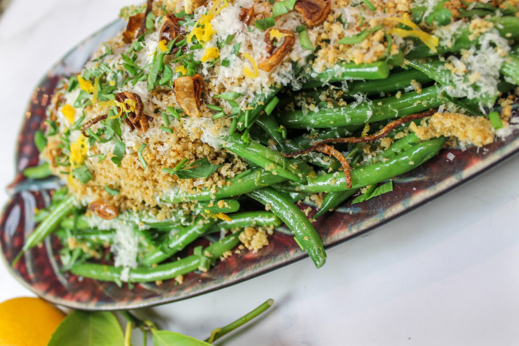 green beans with fried shallots, bread crumbs, parmesan, and lemon zest