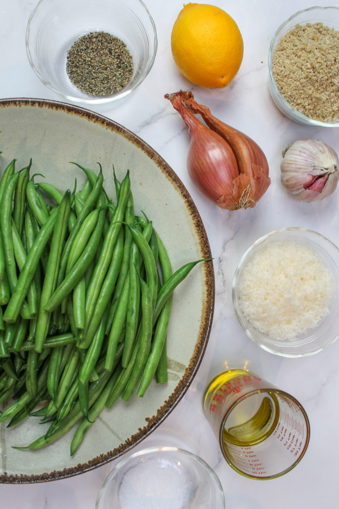 green beans, pepper, lemon, shallot,  bread crumbs, garlic, parmesan, salt, and olive oil