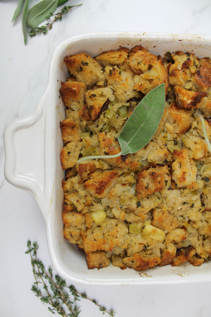 sourdough stuffing with sage and thyme in baking dish