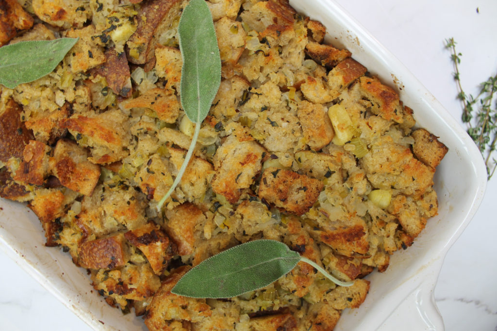 sourdough stuffing with sage leaves on top