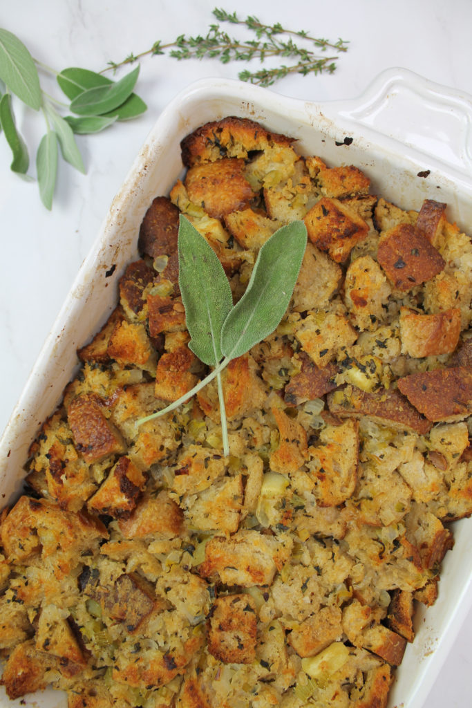 sourdough stuffing with two sage leaves 