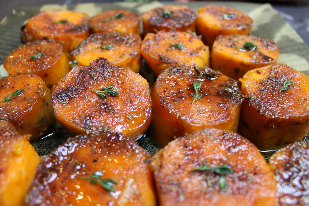 Twice ‘Baked’ Brown Sugar Spiced Sweet Potatoes with thyme