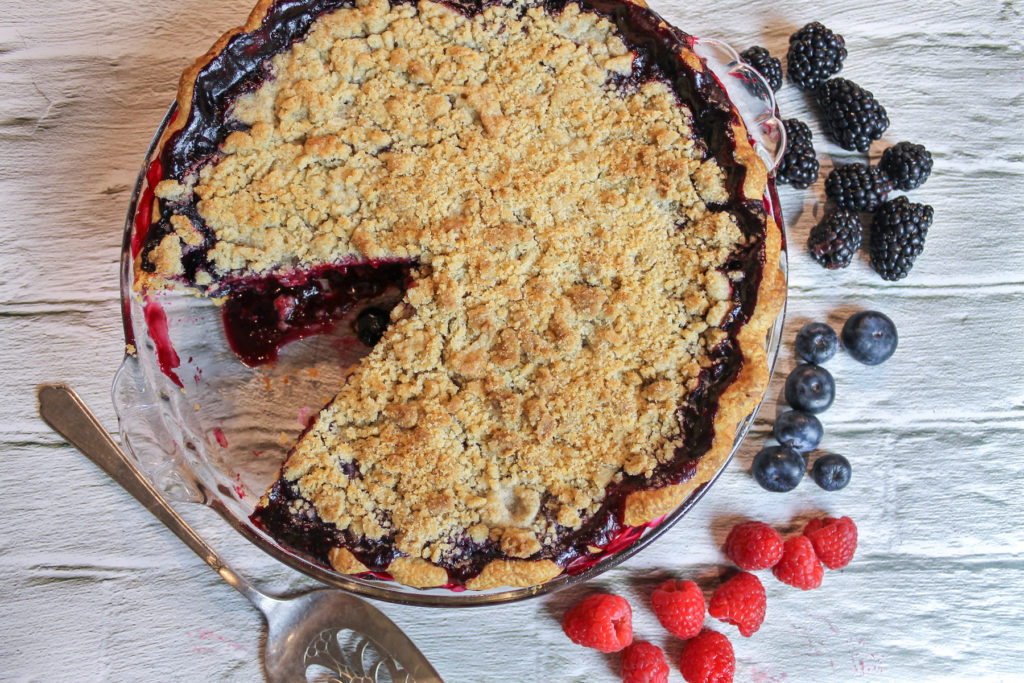 triple berry pie with cardamom crumb