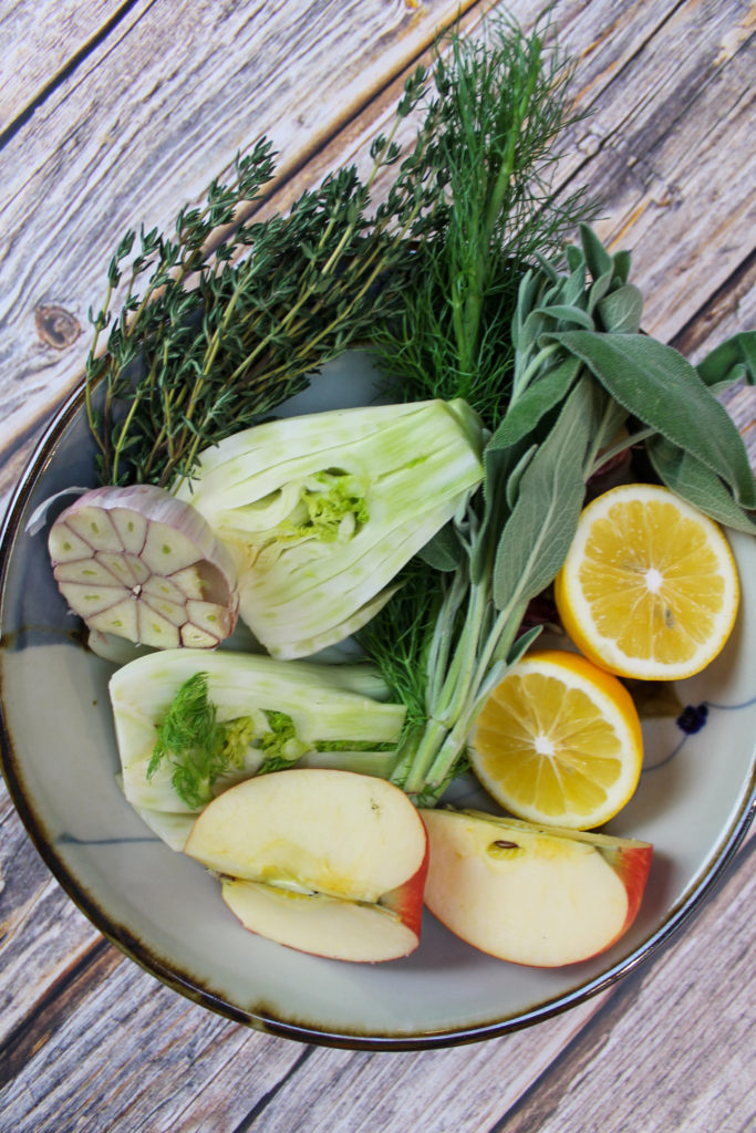 turkey aromatics: thyme, sage, fennel, apple, lemon, garlic