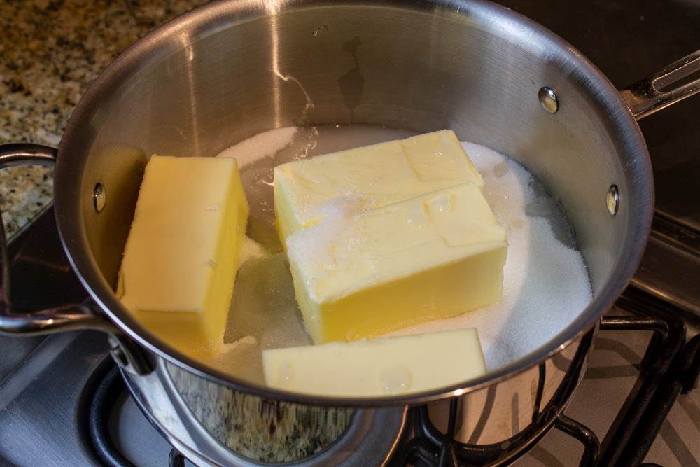 melting toffee ingredients: butter, sugar, water