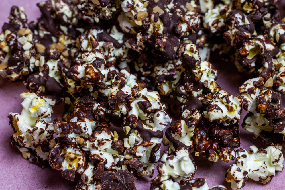 chocolate toffee popcorn with almonds