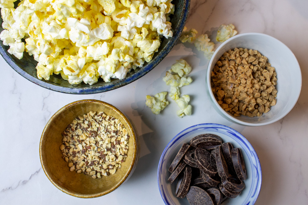 popcorn, almonds, toffee, and chocolate