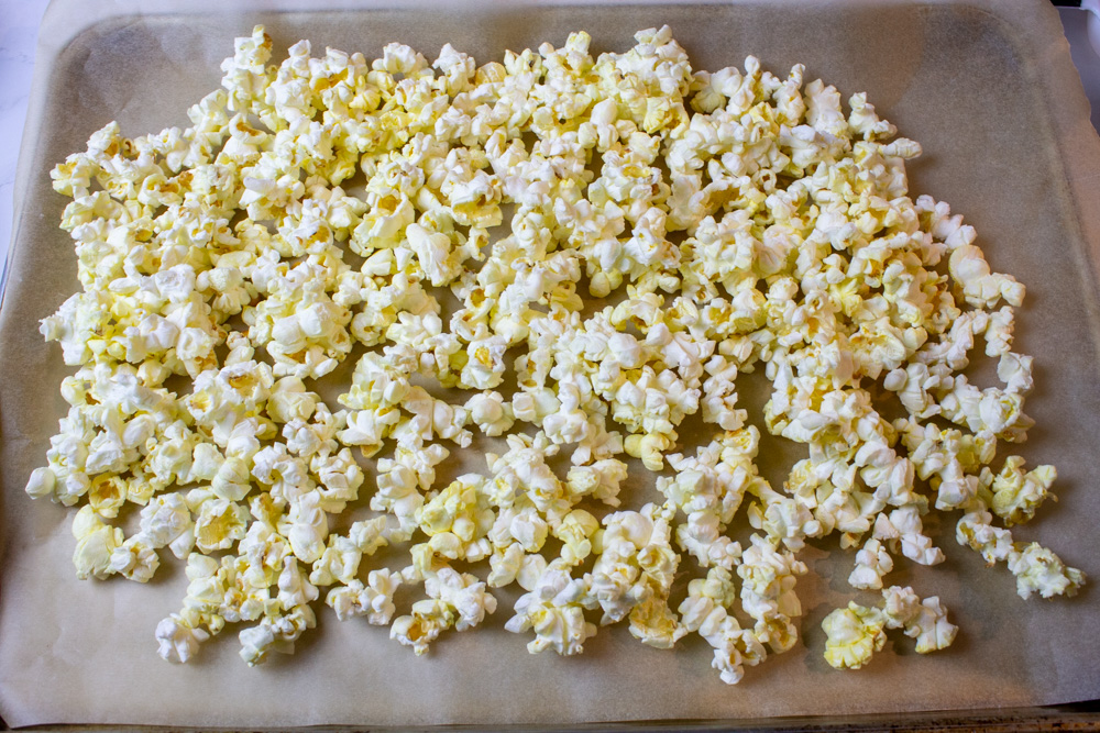 popcorn on parchment lined tray