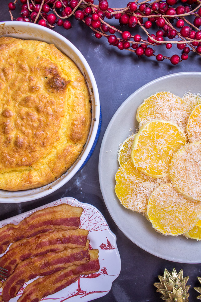 egg souffle with oranges and bacon 