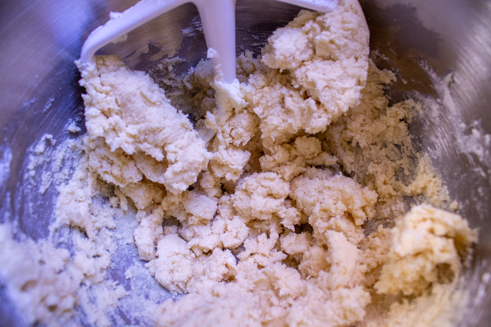 shortbread dough in mixer with paddle attachment 