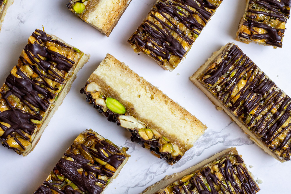 shortbread nut bars with chocolate drizzle 