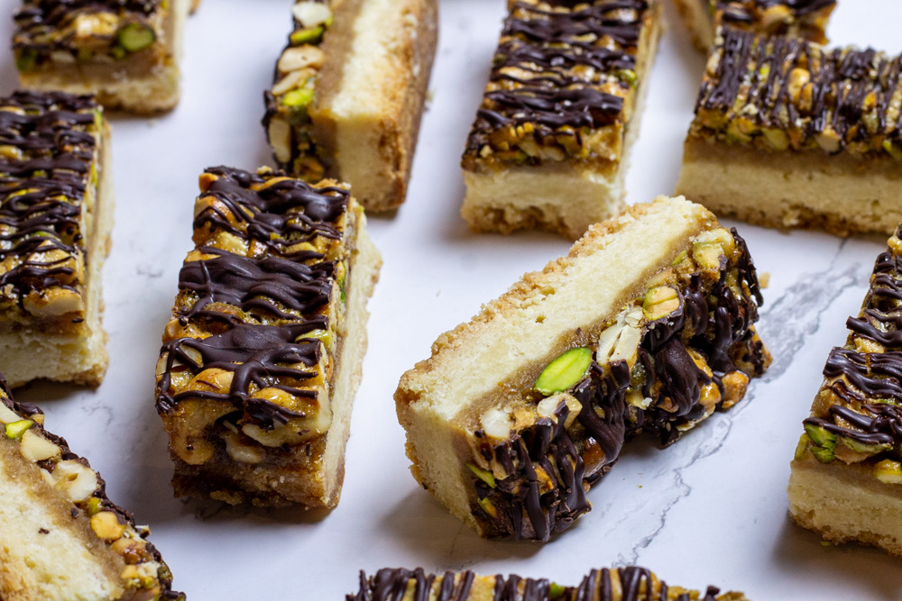 shortbread nut bars with chocolate drizzle 
