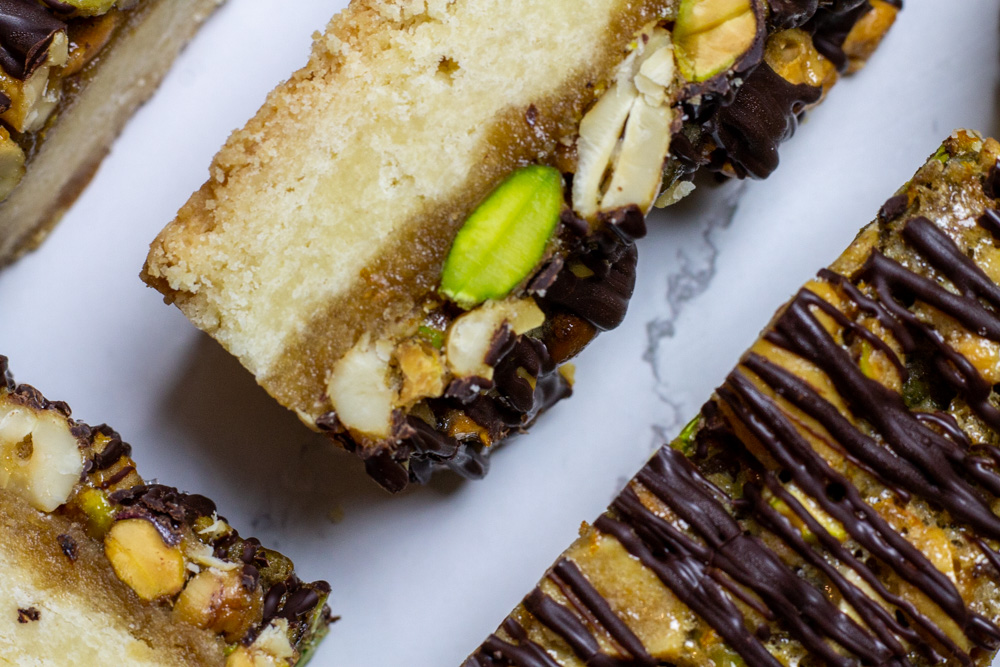 shortbread nut bars with chocolate drizzle 