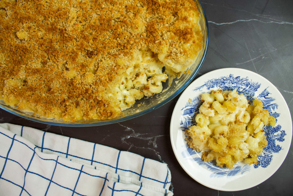 dish of mac and cheese with full dish