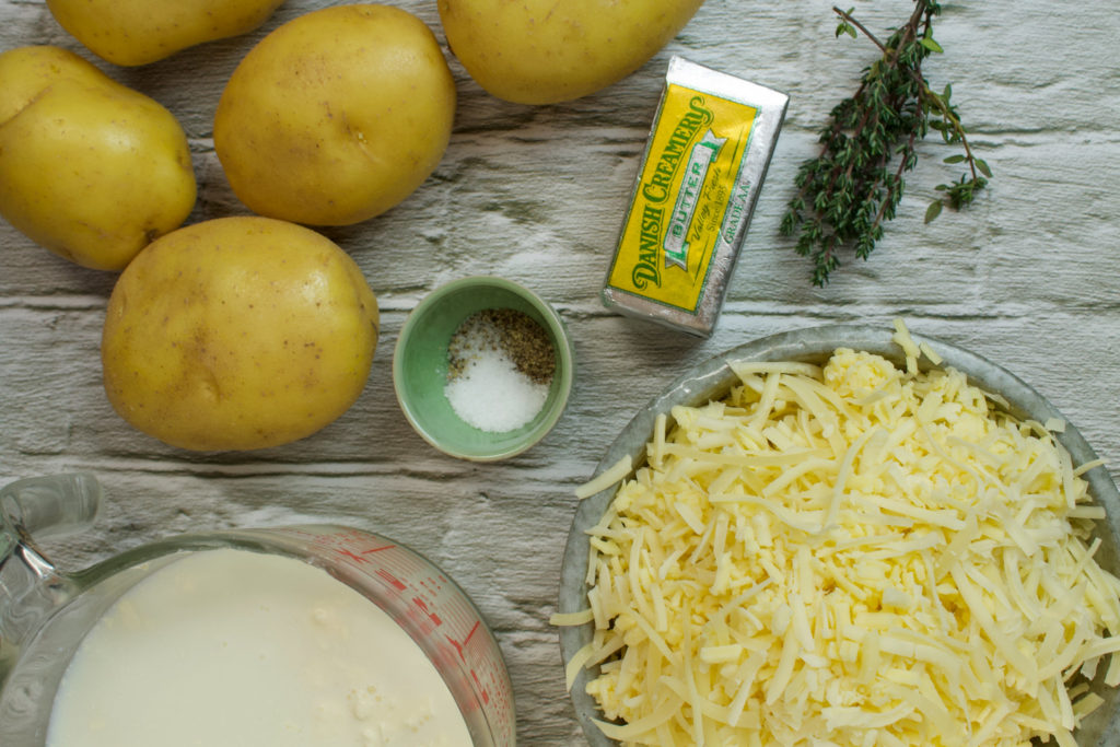 potatoes, salt, better, butter, thyme, cheese, and milk 