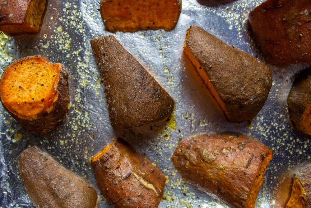 sweet potatoes on tray