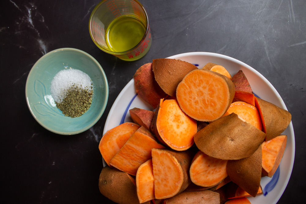 sweet potatoes, salt, pepper, olive oil