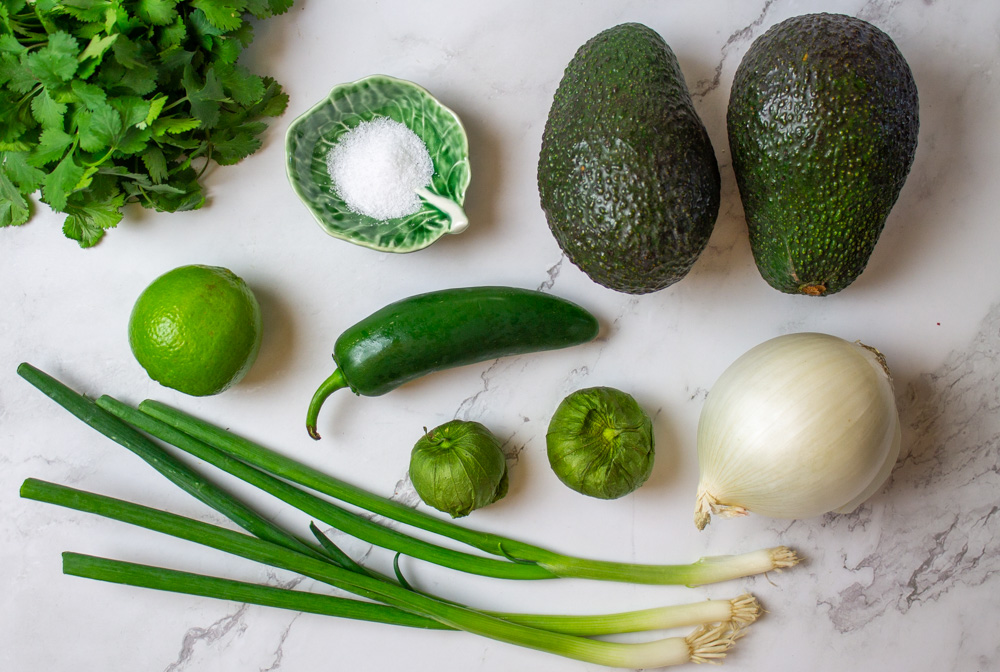 avocado, lime, cilantro, tomatillo, jalapeno, salt, and onion