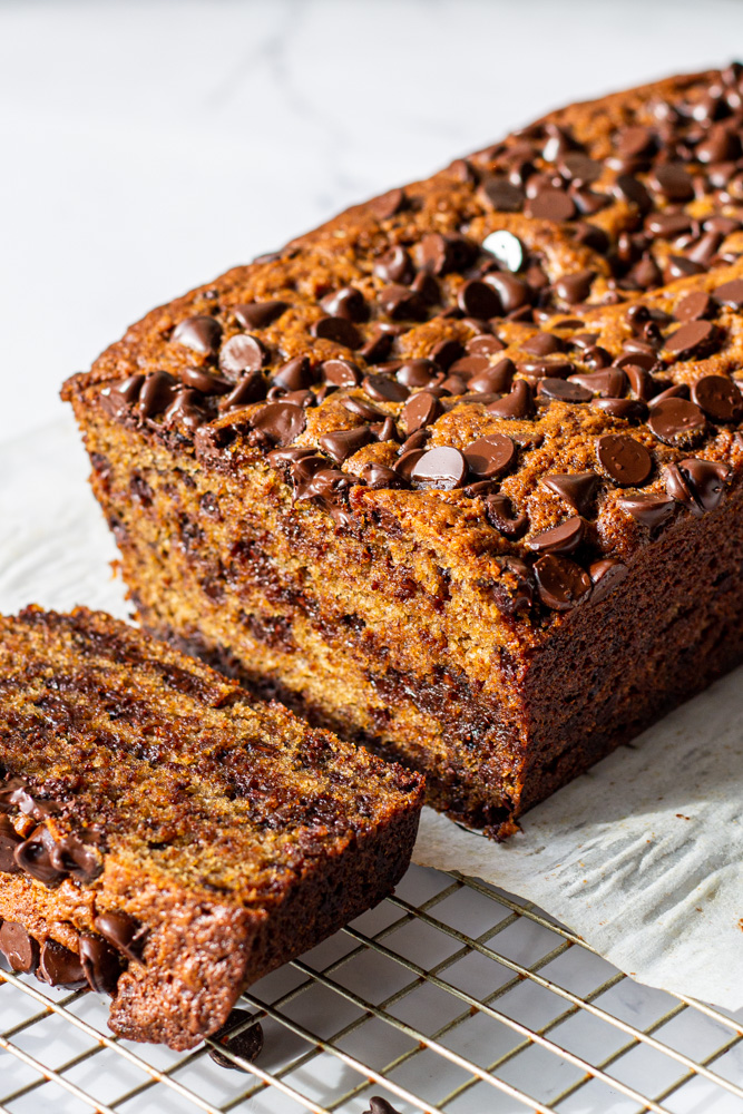 brown butter chai spice banana bread with chocolate chips