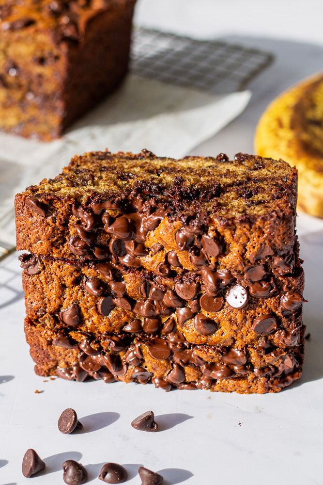 brown butter chai spice banana bread with chocolate chips