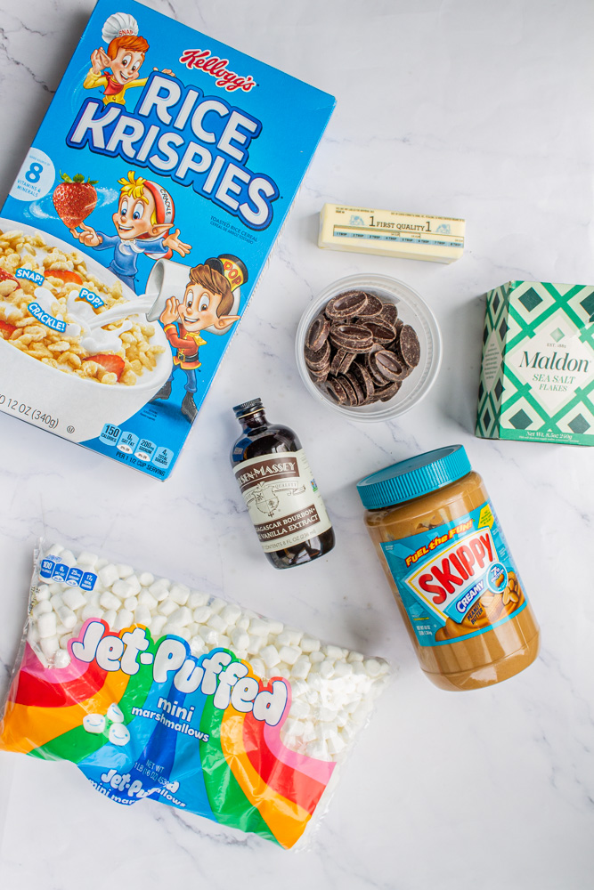 ingredients for peanut butter rice krispies with chocolate topping