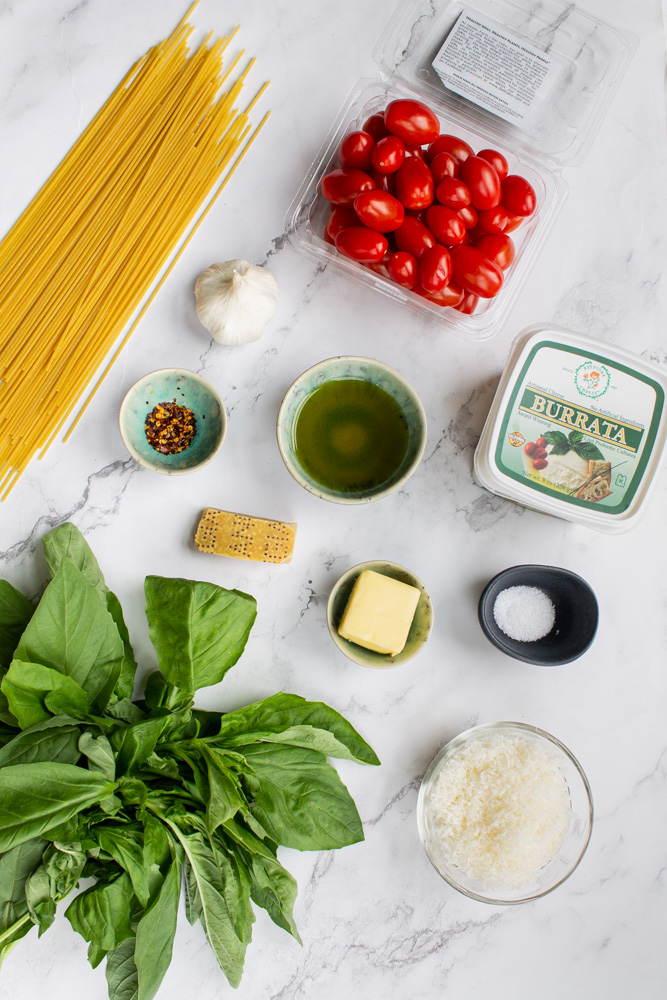 Pasta Pomodoro with Burrata ingredients