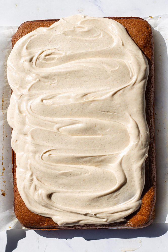 pumpkin sheet cake with brown butter cream cheese icing