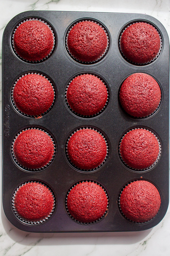 red velvet cupcakes before icing