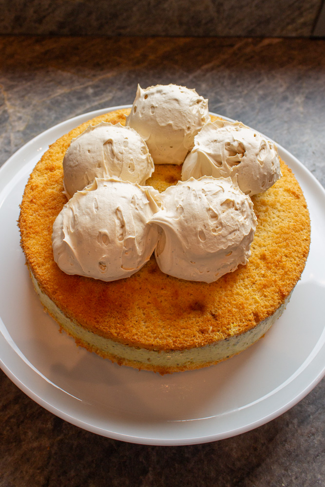 Coffee cream on Pistachio Olive Oil Cake