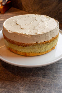 Coffee cream on Pistachio Olive Oil Cake